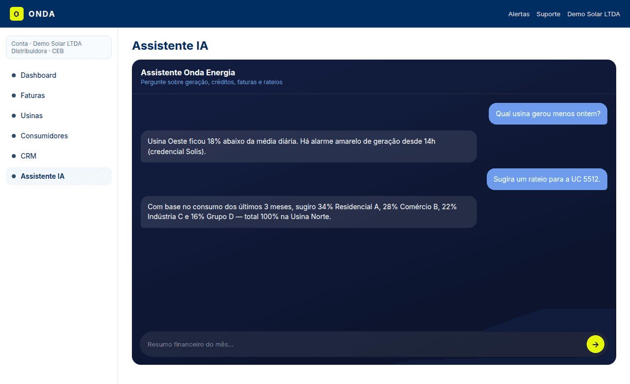 Assistente de IA respondendo sobre usinas e rateio — dados fictícios