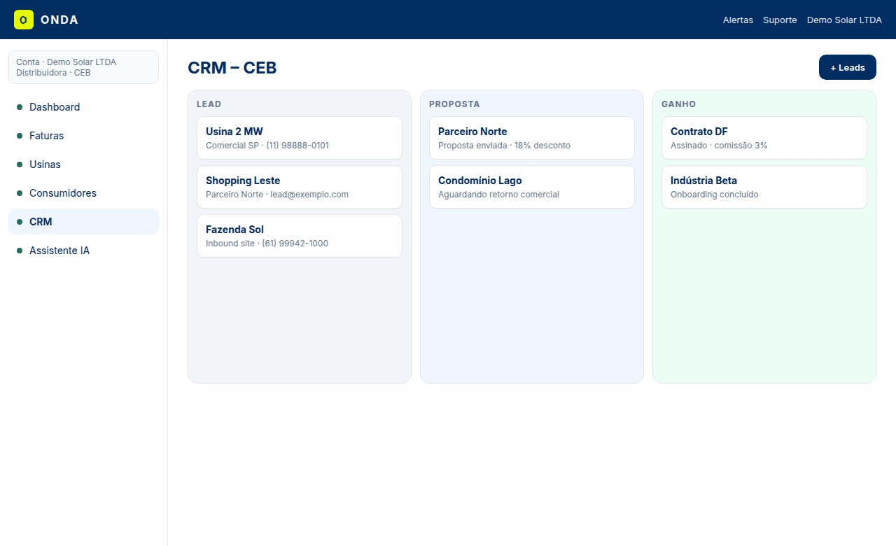Kanban de CRM com leads e propostas — dados fictícios